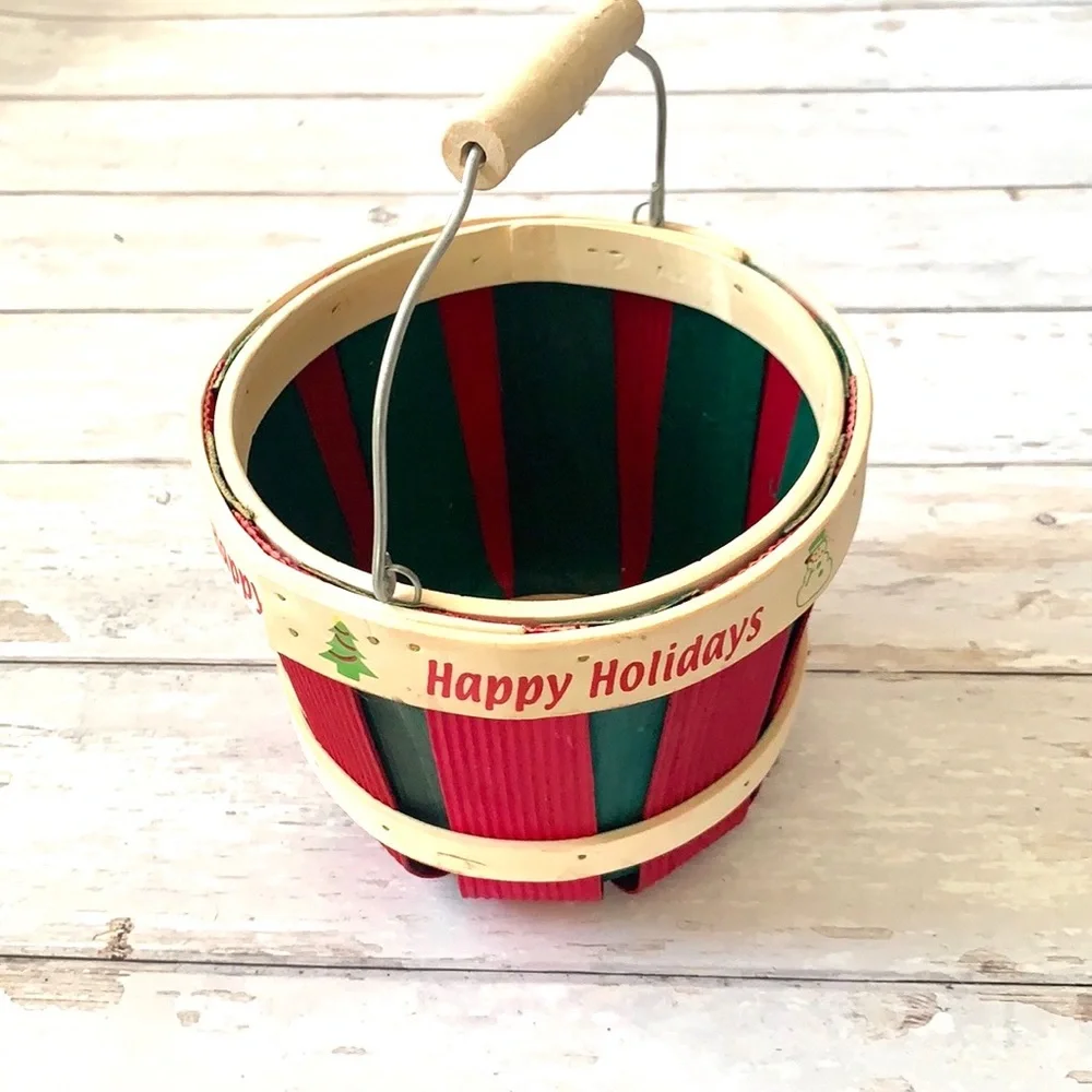 Christmas Happy Holidays Wood Basket Red Green Bucket 7.5in Diameter Hobby Lobby